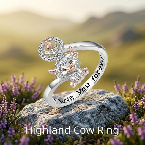 Highland Cow Ring for Women Cute Cow Adjustable Open Rings with Scottish thistle Highland Cow Jewelry Gifts for Family Friends in Saudi Arabia