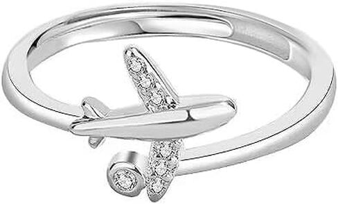 Cute Plane Open Rings Sterling Silver Plated Adjustable Cubic Zirconia Crystal Dainty Finger Band Rings Open Aircraft Jewelry Promise Engagement for Women Valentine's Day Daughter Girlfriend Gift in Kuwait