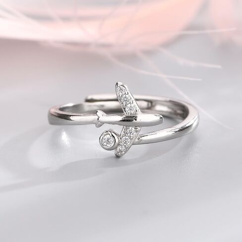 Cute Plane Open Rings Sterling Silver Plated Adjustable Cubic Zirconia Crystal Dainty Finger Band Rings Open Aircraft Jewelry Promise Engagement for Women Valentine's Day Daughter Girlfriend Gift in Kuwait