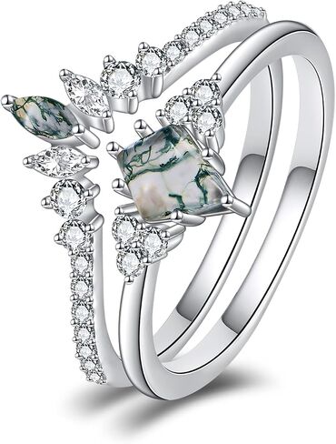 Moss Agate Ring for Women 925 Sterling Silver Double Layer Rings Gift Size 7 in Kuwait