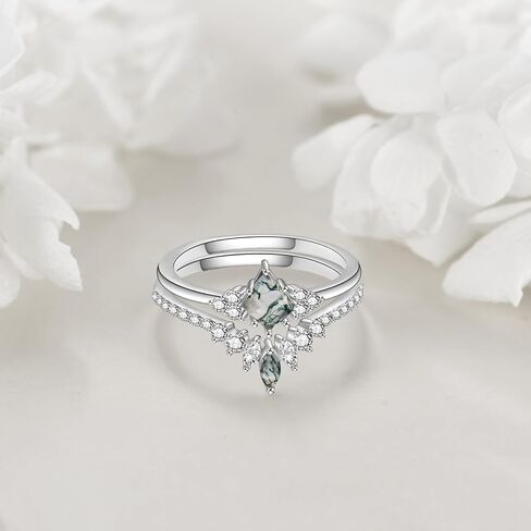 Moss Agate Ring for Women 925 Sterling Silver Double Layer Rings Gift Size 7 in Kuwait