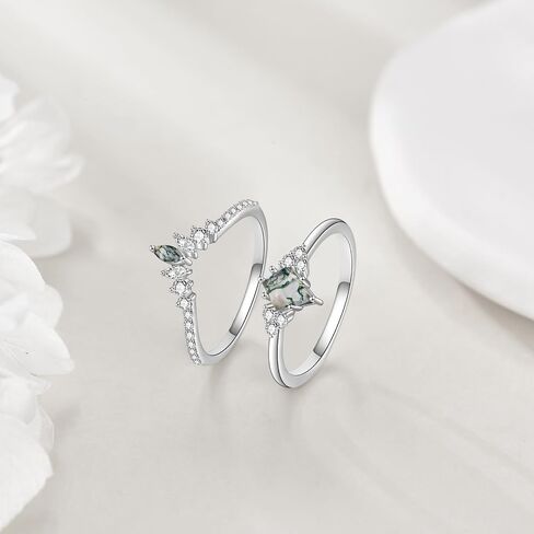 Moss Agate Ring for Women 925 Sterling Silver Double Layer Rings Gift Size 7 in Kuwait