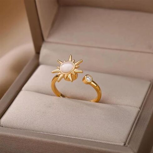 Sun Ring Adjustable Sunburst Rotating Open Ring – Anti-Anxiety Spinner Ring with Crystal Accent, Minimalist Celestial Sun, Stress Relief Jewelry, Boho, Fidget, Sunflower, Elegant in Saudi Arabia