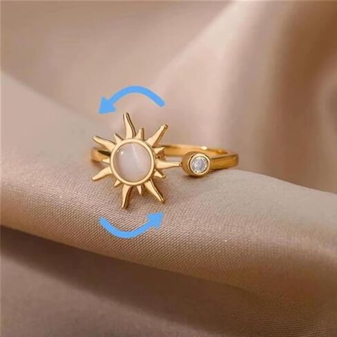Sun Ring Adjustable Sunburst Rotating Open Ring – Anti-Anxiety Spinner Ring with Crystal Accent, Minimalist Celestial Sun, Stress Relief Jewelry, Boho, Fidget, Sunflower, Elegant in Saudi Arabia