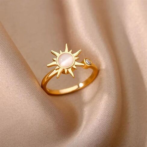 Sun Ring Adjustable Sunburst Rotating Open Ring – Anti-Anxiety Spinner Ring with Crystal Accent, Minimalist Celestial Sun, Stress Relief Jewelry, Boho, Fidget, Sunflower, Elegant in Saudi Arabia