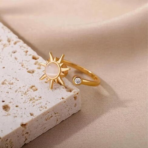 Sun Ring Adjustable Sunburst Rotating Open Ring – Anti-Anxiety Spinner Ring with Crystal Accent, Minimalist Celestial Sun, Stress Relief Jewelry, Boho, Fidget, Sunflower, Elegant in Saudi Arabia