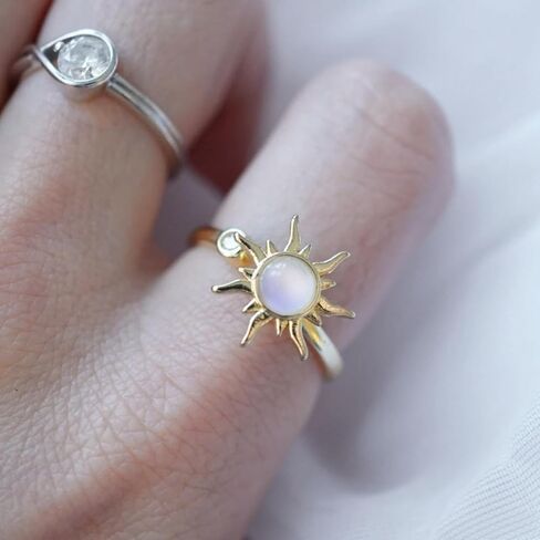 Sun Ring Adjustable Sunburst Rotating Open Ring – Anti-Anxiety Spinner Ring with Crystal Accent, Minimalist Celestial Sun, Stress Relief Jewelry, Boho, Fidget, Sunflower, Elegant in Saudi Arabia