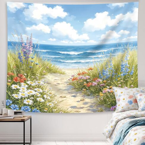 Riyidecor Beach Ocean Tapestry Coastal Beachy Spring Floral Blue Sea Waves Flower Pretty Landscape Path Wall Hanging Watercolor Scenic 59Wx51H Inch Seaside Bedroom Living Room Dorm Wall Home Decor in Saudi Arabia