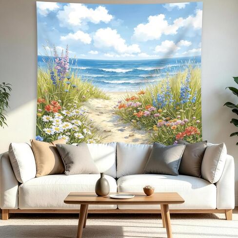 Riyidecor Beach Ocean Tapestry Coastal Beachy Spring Floral Blue Sea Waves Flower Pretty Landscape Path Wall Hanging Watercolor Scenic 59Wx51H Inch Seaside Bedroom Living Room Dorm Wall Home Decor in Saudi Arabia