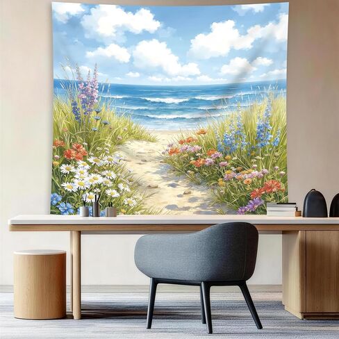 Riyidecor Beach Ocean Tapestry Coastal Beachy Spring Floral Blue Sea Waves Flower Pretty Landscape Path Wall Hanging Watercolor Scenic 59Wx51H Inch Seaside Bedroom Living Room Dorm Wall Home Decor in Saudi Arabia