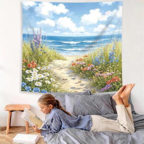Riyidecor Beach Ocean Tapestry Coastal Beachy Spring Floral Blue Sea Waves Flower Pretty Landscape Path Wall Hanging Watercolor Scenic 59Wx51H Inch Seaside Bedroom Living Room Dorm Wall Home Decor in Saudi Arabia