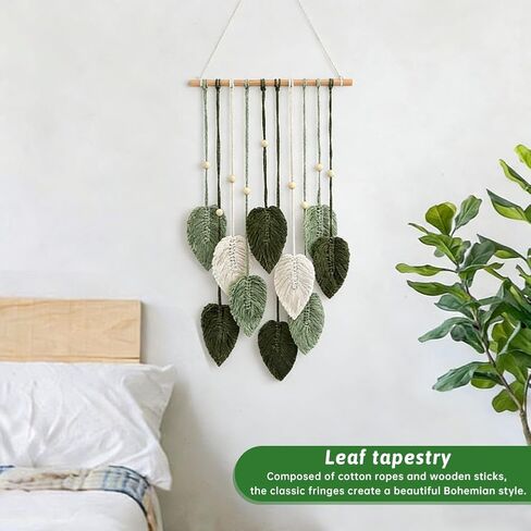 LORGVEXN Macrame Wall Hanging Leaves Tapestry, Handmade Woven Tapestry, Chic Yarn Tassels Leaf Wall Art Decor for Bedroom Living Room Office Apartment (green) in Saudi Arabia