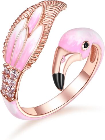 Flamingo Ring for Women 925 Sterling Sliver Animal Rose Gold Plated Ring Cubic Zirconia Adjustable Rings Jewelry Pink Flamingo Gifts in Saudi Arabia