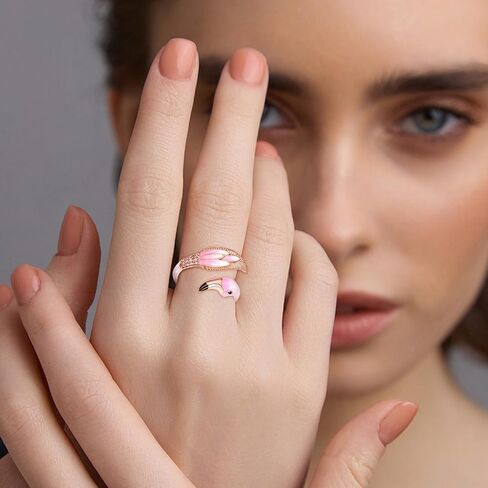 Flamingo Ring for Women 925 Sterling Sliver Animal Rose Gold Plated Ring Cubic Zirconia Adjustable Rings Jewelry Pink Flamingo Gifts in Saudi Arabia