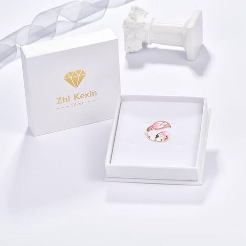 Flamingo Ring for Women 925 Sterling Sliver Animal Rose Gold Plated Ring Cubic Zirconia Adjustable Rings Jewelry Pink Flamingo Gifts in Saudi Arabia
