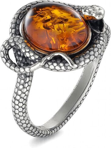 GIA Certified Sterling Silver and Baltic Honey Amber Snake Ring in Saudi Arabia