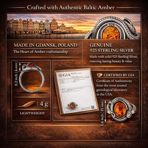 GIA Certified Sterling Silver and Baltic Honey Amber Snake Ring in Saudi Arabia