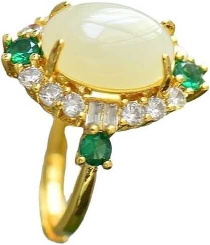 S925 Silver 18K Gold Plated Hetian Jade Ring with Emerald Halo, Adjustable Open Band, Vintage Elegant Jewelry for Women Daily Gifting in Saudi Arabia