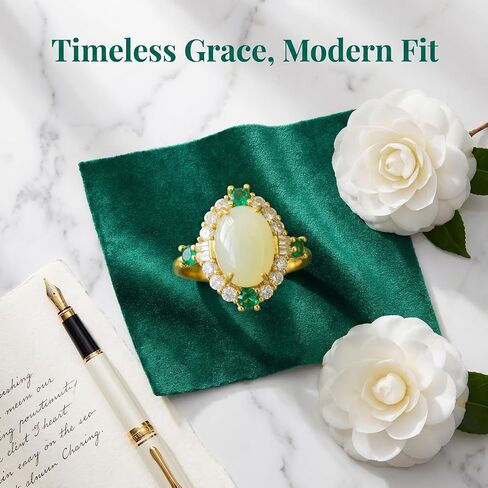 S925 Silver 18K Gold Plated Hetian Jade Ring with Emerald Halo, Adjustable Open Band, Vintage Elegant Jewelry for Women Daily Gifting in Saudi Arabia