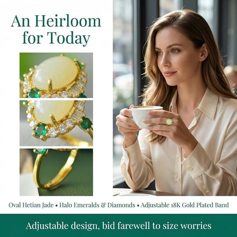 S925 Silver 18K Gold Plated Hetian Jade Ring with Emerald Halo, Adjustable Open Band, Vintage Elegant Jewelry for Women Daily Gifting in Saudi Arabia