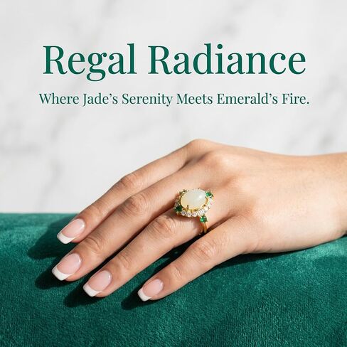 S925 Silver 18K Gold Plated Hetian Jade Ring with Emerald Halo, Adjustable Open Band, Vintage Elegant Jewelry for Women Daily Gifting in Saudi Arabia