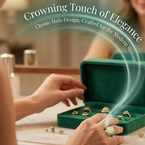 S925 Silver 18K Gold Plated Hetian Jade Ring with Emerald Halo, Adjustable Open Band, Vintage Elegant Jewelry for Women Daily Gifting in Saudi Arabia