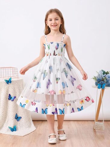 Girls Dresses Butterfly Print Mesh Sleeveless A-Line Sundress Summer Casual & Party Wear 8-12Y in Kuwait