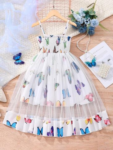 Girls Dresses Butterfly Print Mesh Sleeveless A-Line Sundress Summer Casual & Party Wear 8-12Y in Kuwait