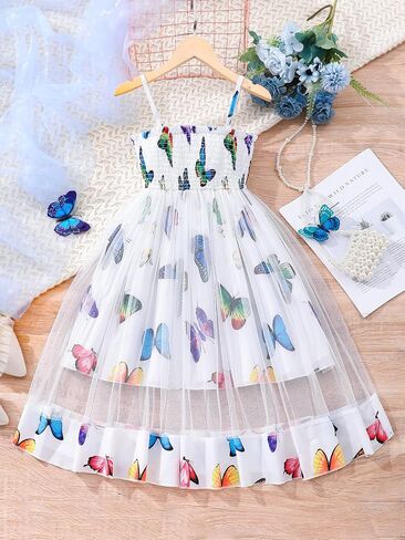 Girls Dresses Butterfly Print Mesh Sleeveless A-Line Sundress Summer Casual & Party Wear 8-12Y in Kuwait