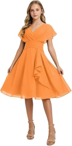 Short Junior Bridesmaid Dresses Chiffon Flower Girl Dress for Wedding V-Neck Girls Party Dress in Kuwait