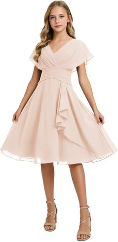 Short Junior Bridesmaid Dresses Chiffon Flower Girl Dress for Wedding V-Neck Girls Party Dress in Kuwait