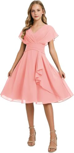 Short Junior Bridesmaid Dresses Chiffon Flower Girl Dress for Wedding V-Neck Girls Party Dress in Kuwait