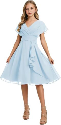 Short Junior Bridesmaid Dresses Chiffon Flower Girl Dress for Wedding V-Neck Girls Party Dress in Kuwait