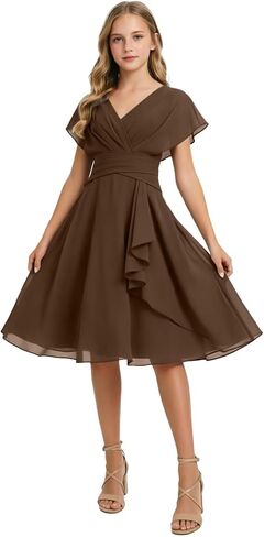 Short Junior Bridesmaid Dresses Chiffon Flower Girl Dress for Wedding V-Neck Girls Party Dress in Kuwait