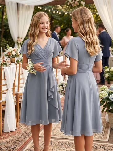 Short Junior Bridesmaid Dresses Chiffon Flower Girl Dress for Wedding V-Neck Girls Party Dress in Kuwait