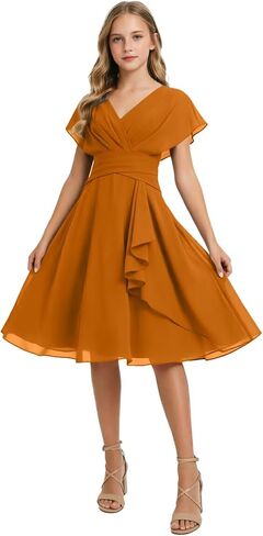 Short Junior Bridesmaid Dresses Chiffon Flower Girl Dress for Wedding V-Neck Girls Party Dress in Kuwait