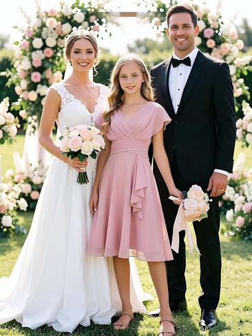 Short Junior Bridesmaid Dresses Chiffon Flower Girl Dress for Wedding V-Neck Girls Party Dress in Kuwait