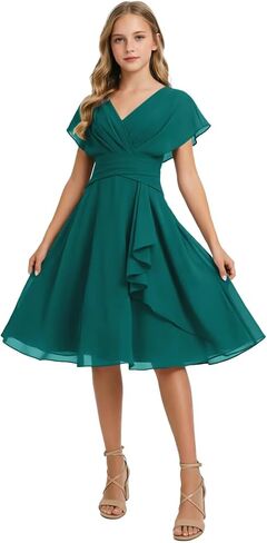 Short Junior Bridesmaid Dresses Chiffon Flower Girl Dress for Wedding V-Neck Girls Party Dress in Kuwait