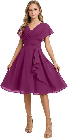 Short Junior Bridesmaid Dresses Chiffon Flower Girl Dress for Wedding V-Neck Girls Party Dress in Kuwait