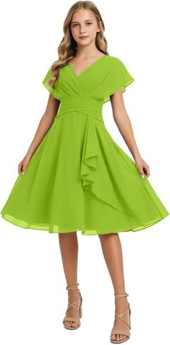 Short Junior Bridesmaid Dresses Chiffon Flower Girl Dress for Wedding V-Neck Girls Party Dress in Kuwait