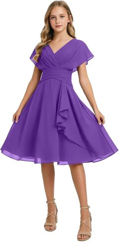 Short Junior Bridesmaid Dresses Chiffon Flower Girl Dress for Wedding V-Neck Girls Party Dress in Kuwait