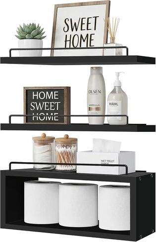 LANDNEOO Floating Shelves for Wall with Cube Shelf, Set of 3 Wood Bathroom Shelves Over Toilet for Storage, Wall Mounted Organizer with Metal Rail for Restroom Decor and Toilet Paper, Black in Saudi Arabia
