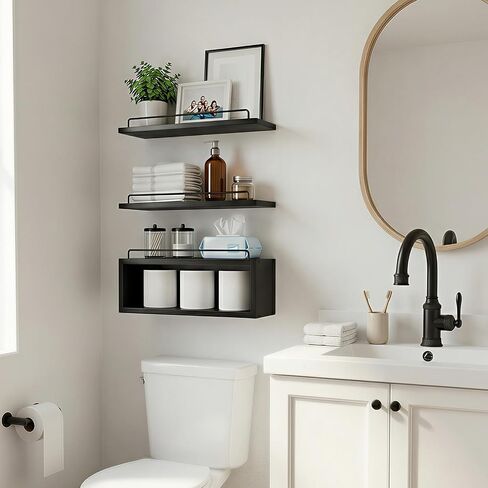 LANDNEOO Floating Shelves for Wall with Cube Shelf, Set of 3 Wood Bathroom Shelves Over Toilet for Storage, Wall Mounted Organizer with Metal Rail for Restroom Decor and Toilet Paper, Black in Saudi Arabia