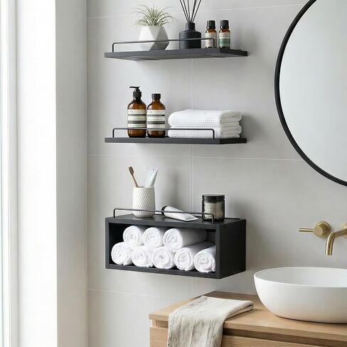 LANDNEOO Floating Shelves for Wall with Cube Shelf, Set of 3 Wood Bathroom Shelves Over Toilet for Storage, Wall Mounted Organizer with Metal Rail for Restroom Decor and Toilet Paper, Black in Saudi Arabia