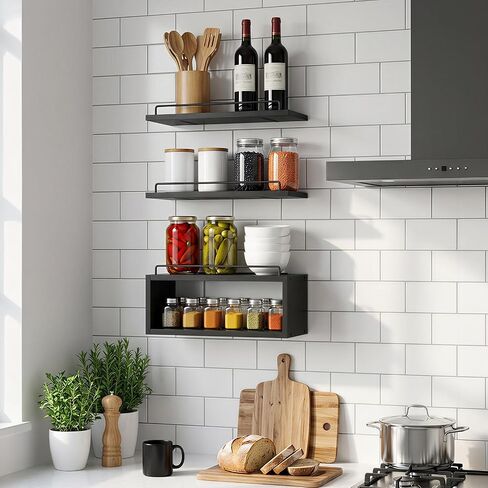 LANDNEOO Floating Shelves for Wall with Cube Shelf, Set of 3 Wood Bathroom Shelves Over Toilet for Storage, Wall Mounted Organizer with Metal Rail for Restroom Decor and Toilet Paper, Black in Saudi Arabia