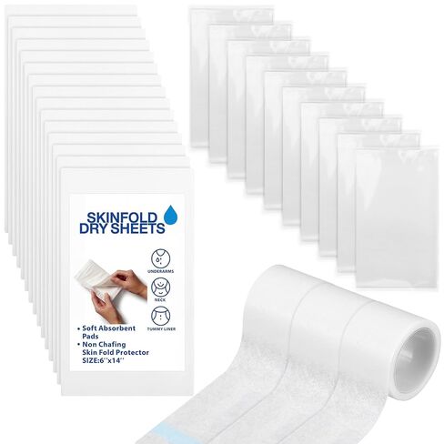 33 Pack Skinfold Dry Sheet Skin Moisture Management Individually Wrapped Skinfold Protector Pads with Non-woven Tape Set Pre-cut Non-chafing Underarm Neck Tummy Liner 6" x 14" in Kuwait