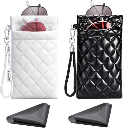 RayLove Double Eyeglass Case Glasses Case Soft with Carrying Strap Leather Eyeglasses Pouch Sunglasses Case For Women Men in Saudi Arabia