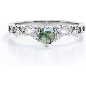 Round Cut Moss Agate Ring, Nature Inspired Ring, Twig Leaf Moss Agate Engagement Ring 925 Silver Ring, Starling Silver Wedding Bridal Promise Ring in Kuwait