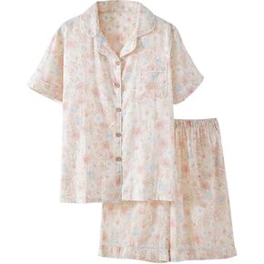 STMAHER Women's Cotton Pajama Sets 2 Piece Short Sleeve Summer Sleepwear Button Down Shirts With Shorts Pockets in Saudi Arabia