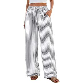 Womens Wide Leg Palazzo Pants Elastic Waist Striped Flowy Pants with Pockets Summer Beach Lounge Travel Trousers in Saudi Arabia